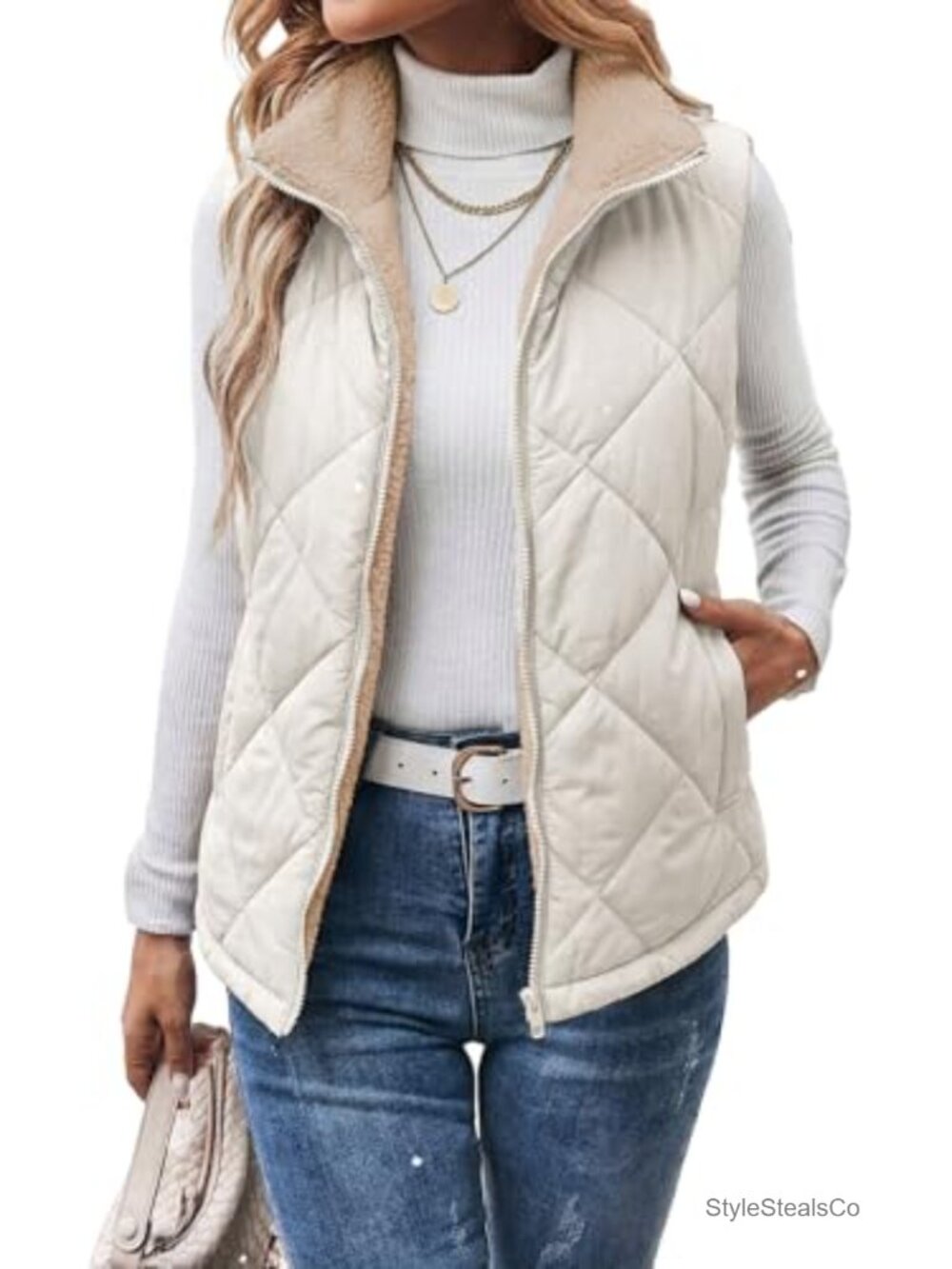 Women's Quilted Sherpa Fleece Zip Up Puffer Vest Stand Collar Sleeveless Jacket